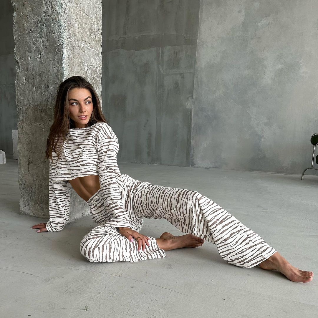 2023 Winter New in stock simple and comfortable zebra print short long-sleeved top elastic waist trousers home wear