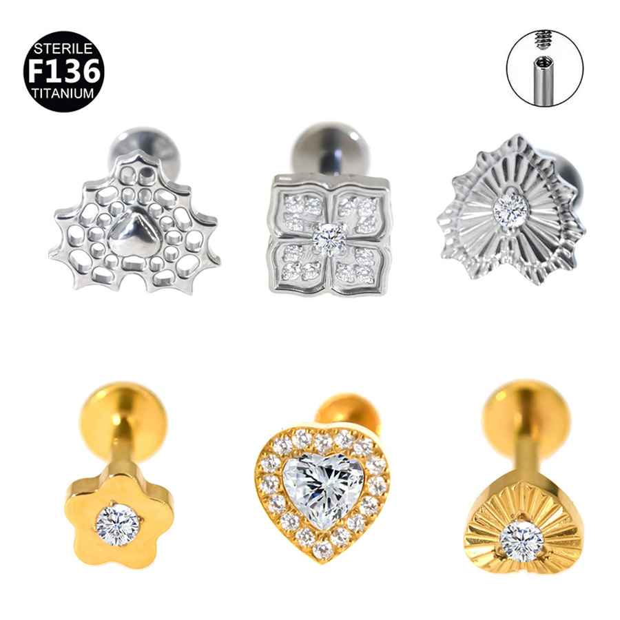Picture of F136 Titanium Alloy Hollow Love Flower Batch Flower Peach Heart Lip Nail Ear Bone Nail Tragus Small Ear Bone Nail 0.9 Teeth