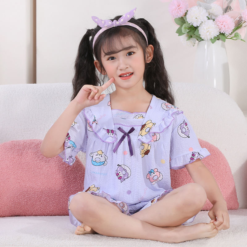 Picture of Children's Pajamas Summer Bubble Girls Cute Cartoon Princess Style Square Collar Short Sleeve Shorts Large Children's Home Clothes