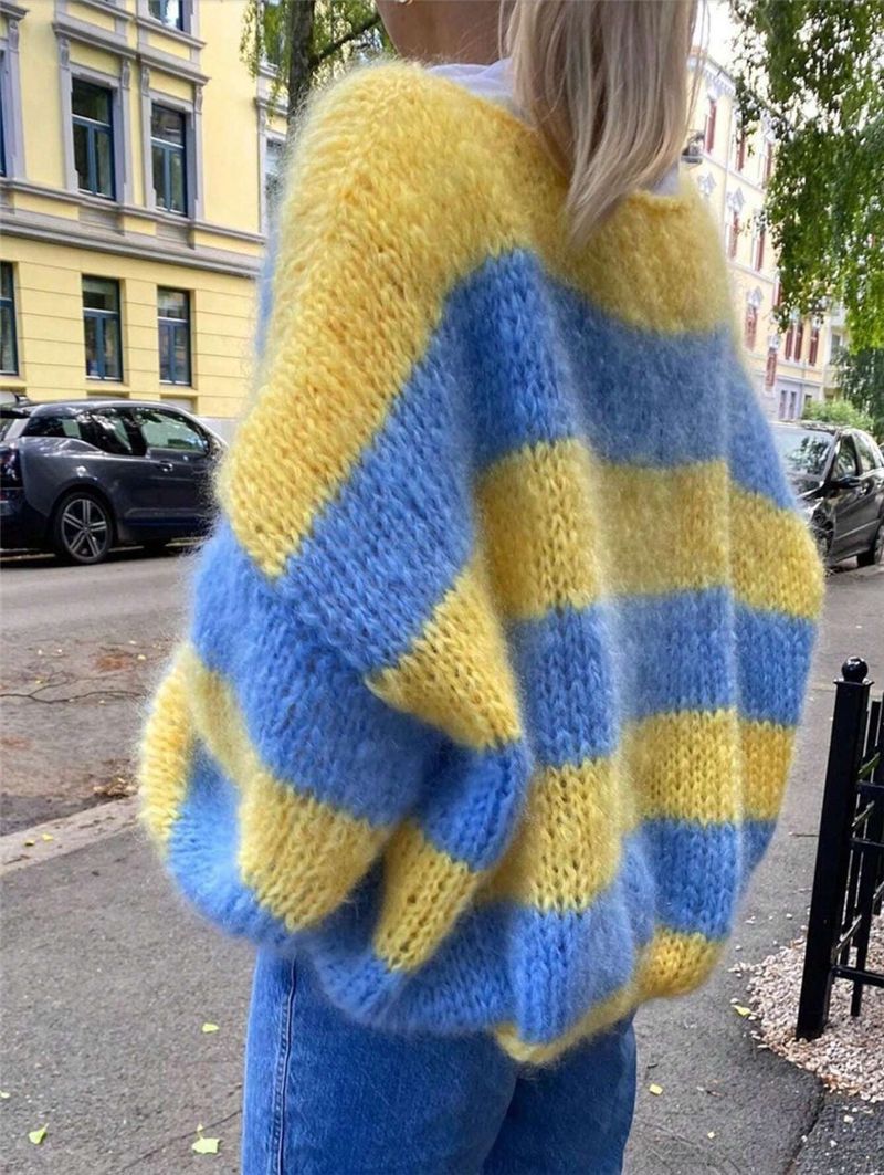 European and American Cross-border Autumn and Winter New Round Neck Pullover Sweater Knitted Sweater Lazy Loose Gradient Stripe Contrast Top
