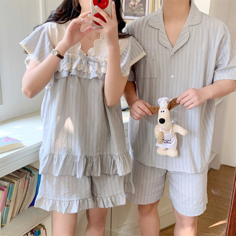 Korean ins Ladies Sweet Couple Solid Color Loose Cute Lace Cotton Comfortable Short Sleeve Pajamas Suit Home Clothes