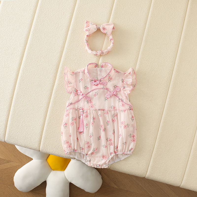 Summer Newborn Baby Wrap Fart Clothes Girl Baby Floral National Style Bodysuit Cute Western Style Chinese Buckle Triangle Climbing Suit