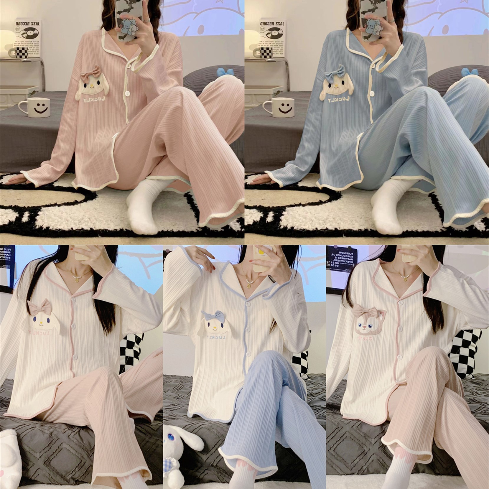New spring and summer cartoon long-sleeved pajamas women's cute Yugui dog girl's home wear women's suit online celebrity live delivery