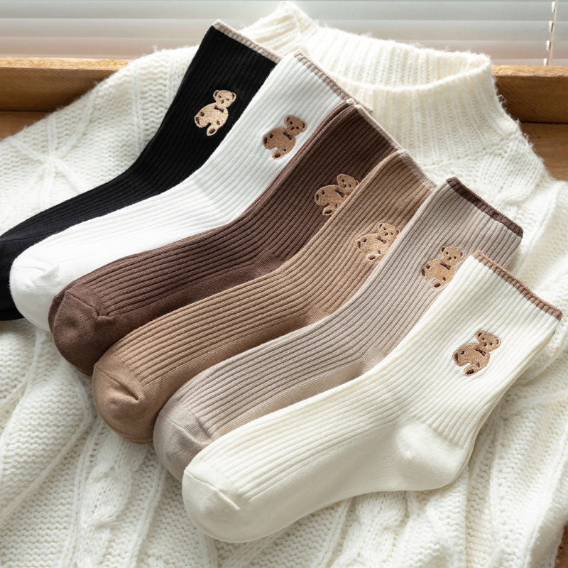 Socks Women's Mid-length Socks Autumn New Japanese Academic Style Brown Teddy Bear Vertical Strip Autumn and Winter Korean Style Women's Socks Trendy