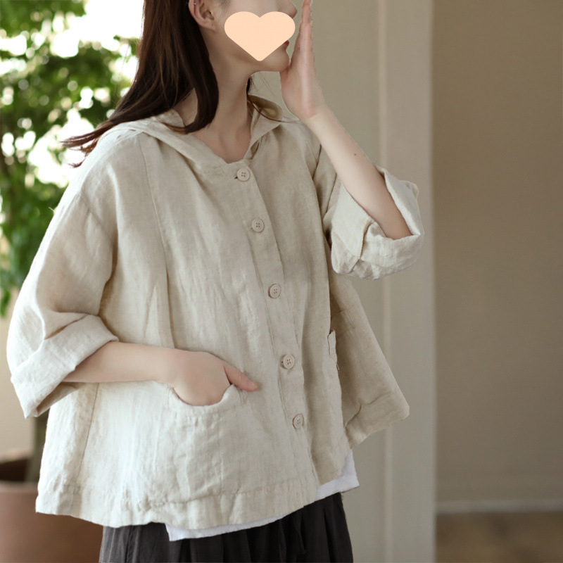 2025 New Retro Cotton and Linen Cardigan Women's Loose Spring and Summer Thin Casual Hooded Long-Sleeved Outer Short Jacket