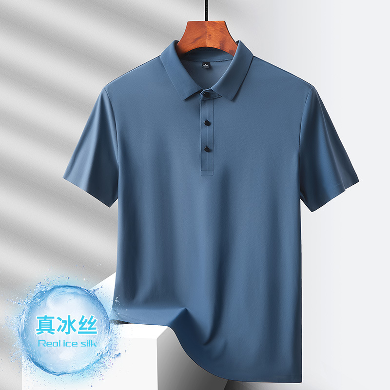 Summer business casual men's ice silk seamless polo shirt men's elastic non-ironing thin lapel short sleeve enterprise text