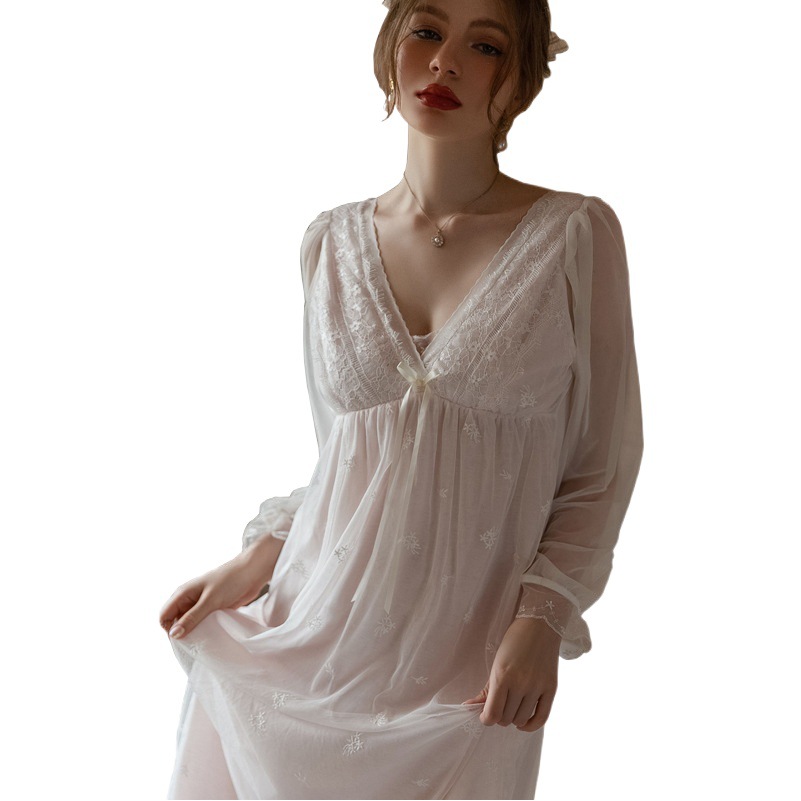 French Palace Fairy Style Ultra-thin Mesh Cotton Belt Chest Pad Long Dress Pajamas Women's Loose plus size Pregnant Women's Sexy Nightgown
