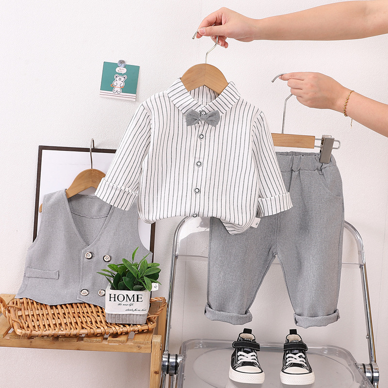 Picture of Korean style spring fashion baby fried street spring double-breasted vest bow tie long sleeve suit boy long sleeve three-piece set