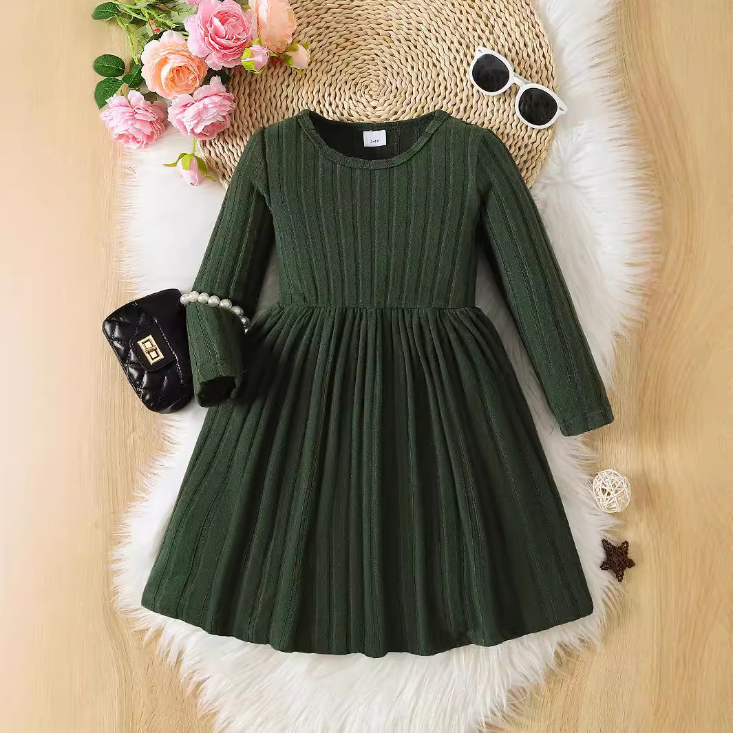 2024 New Girls' Solid Color Princess Style dress New Western Style High-end Children's Knitted Long-sleeved Base Skirt