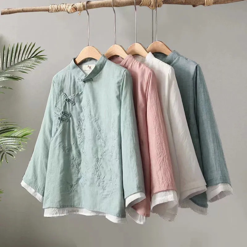 Vintage Embroidered Buckle Cotton Shirt Women's 2024 Spring New Chinese Zen Tea Suit Loose Stitching Round Neck Top