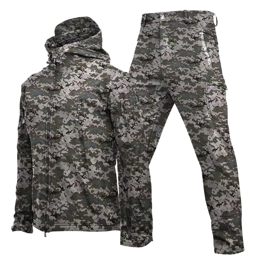Outdoor Shark Skin Soft Shell Jacket suit Men's Spring Autumn and Winter Military Fan Windproof Breathable fleece-lined Mountaineering Jacket