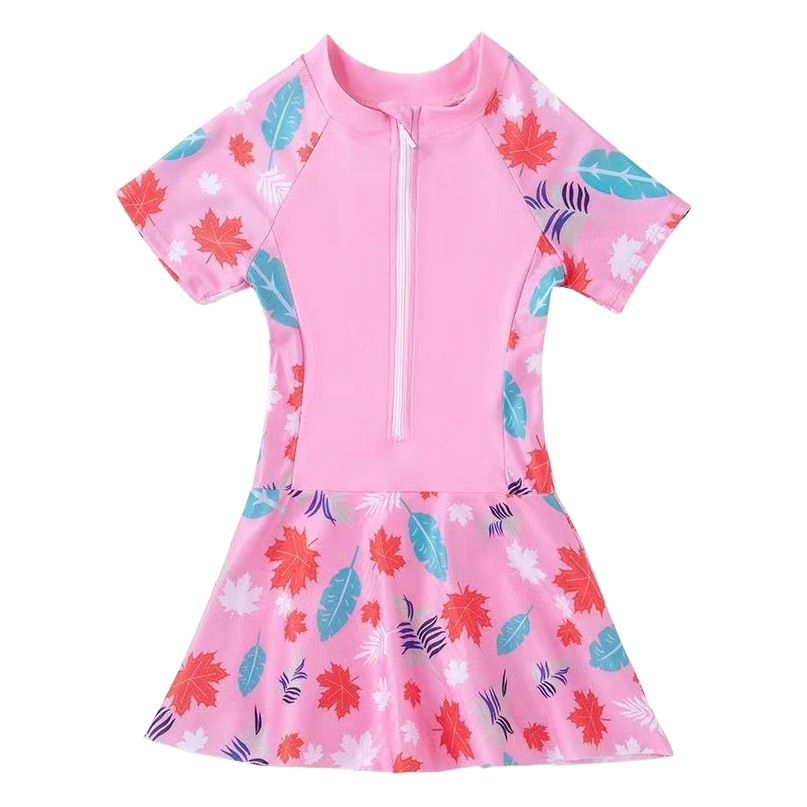 Children's swimsuit girls' one-piece short-sleeved summer swimsuit 2023 new skirt sports training swimsuit