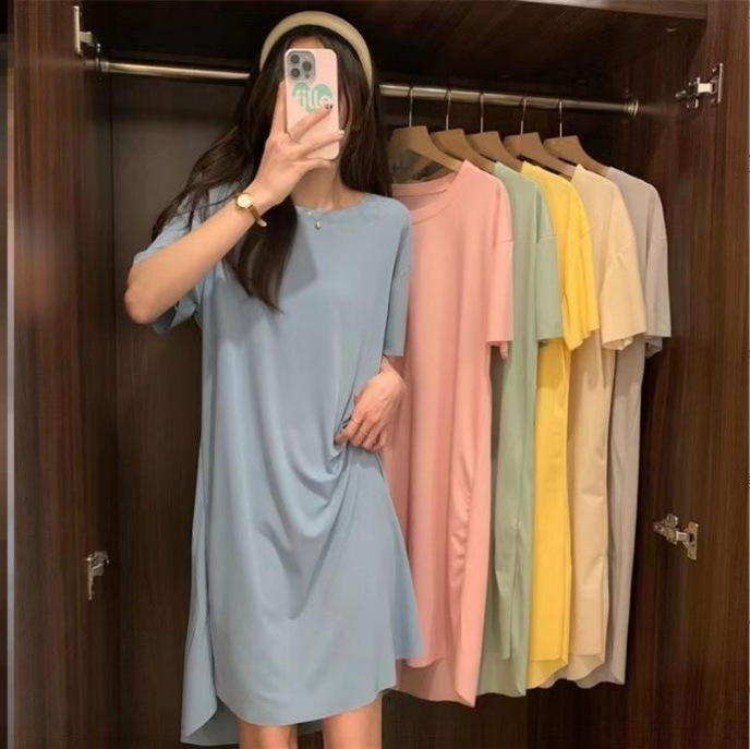 Cool Long Skirt for Women Summer Round Neck Loose Home Wear Modal Thin Pure Color Skirt Lazy Style Ice Silk Jumpsuit