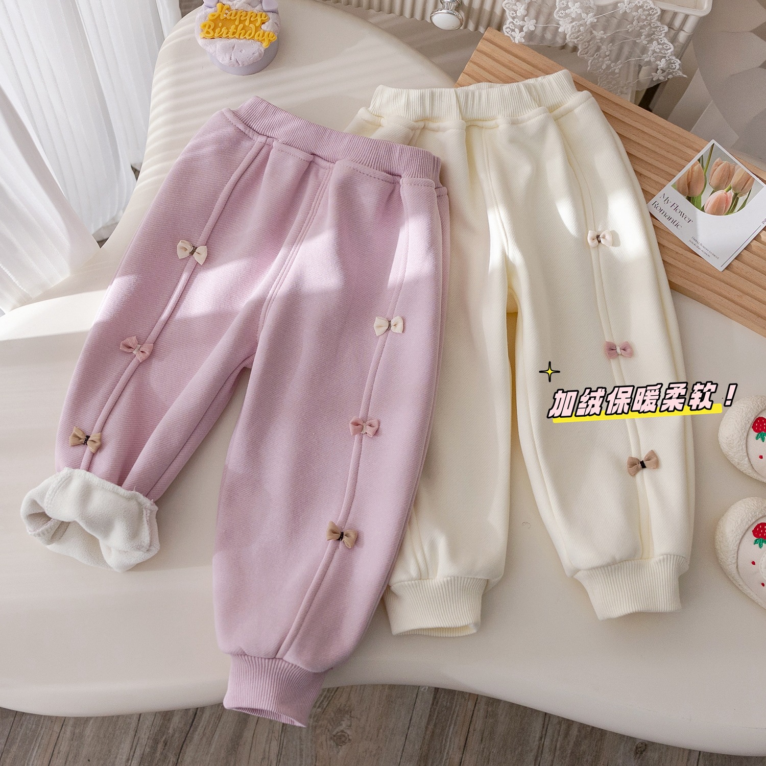 Girls Korean Style fleece-lined Casual Pants Winter Sweet Cute Bowknot Thickened Sweetpants Girls Winter All-match Trousers