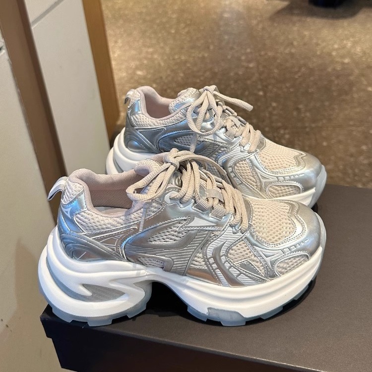 Thick-Soled Silver Daddy Shoes for Women 2025 Spring and Summer New Style Breathable and Heightening Internet Celebrity Street Ins Trbottomy Casual Sports Shoes