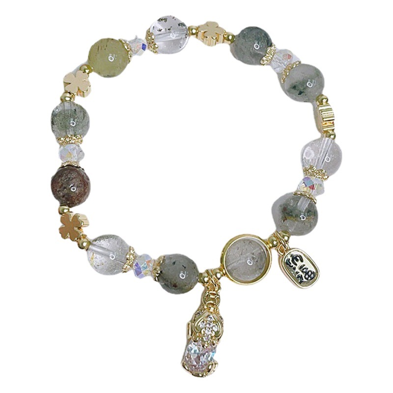 Bring in Wealth and Treasure Pixiu Yellow Hair Crystal Bracelet Women's Fashion Casual Color Hair Crystal Green Ghost Beaded Bracelet Nafu Bracelet