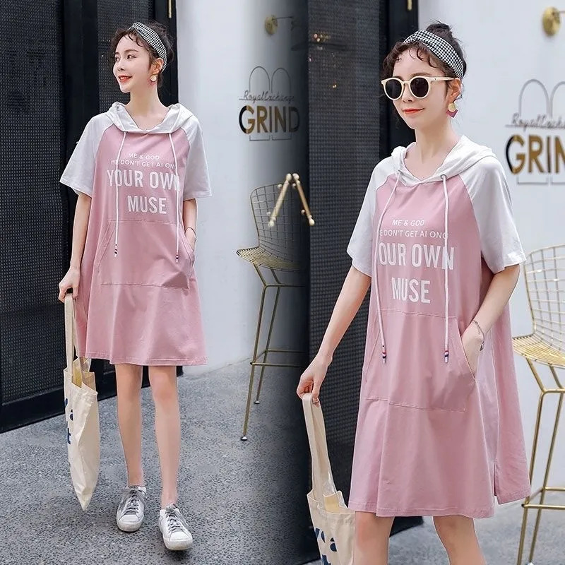 Maternity Summer New Dress Trendy Hooded Short-Sleeve T-Shirt Internet Celebrity Maternity Fashion Stylish Outing Dress