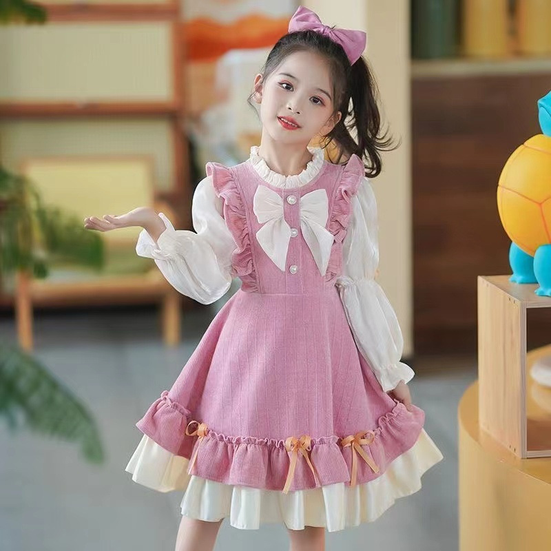Baby Girl Children's Autumn Clothing 2024 New Sweet Western Style Bow Stitching Girl Princess Dress Birthday Dress