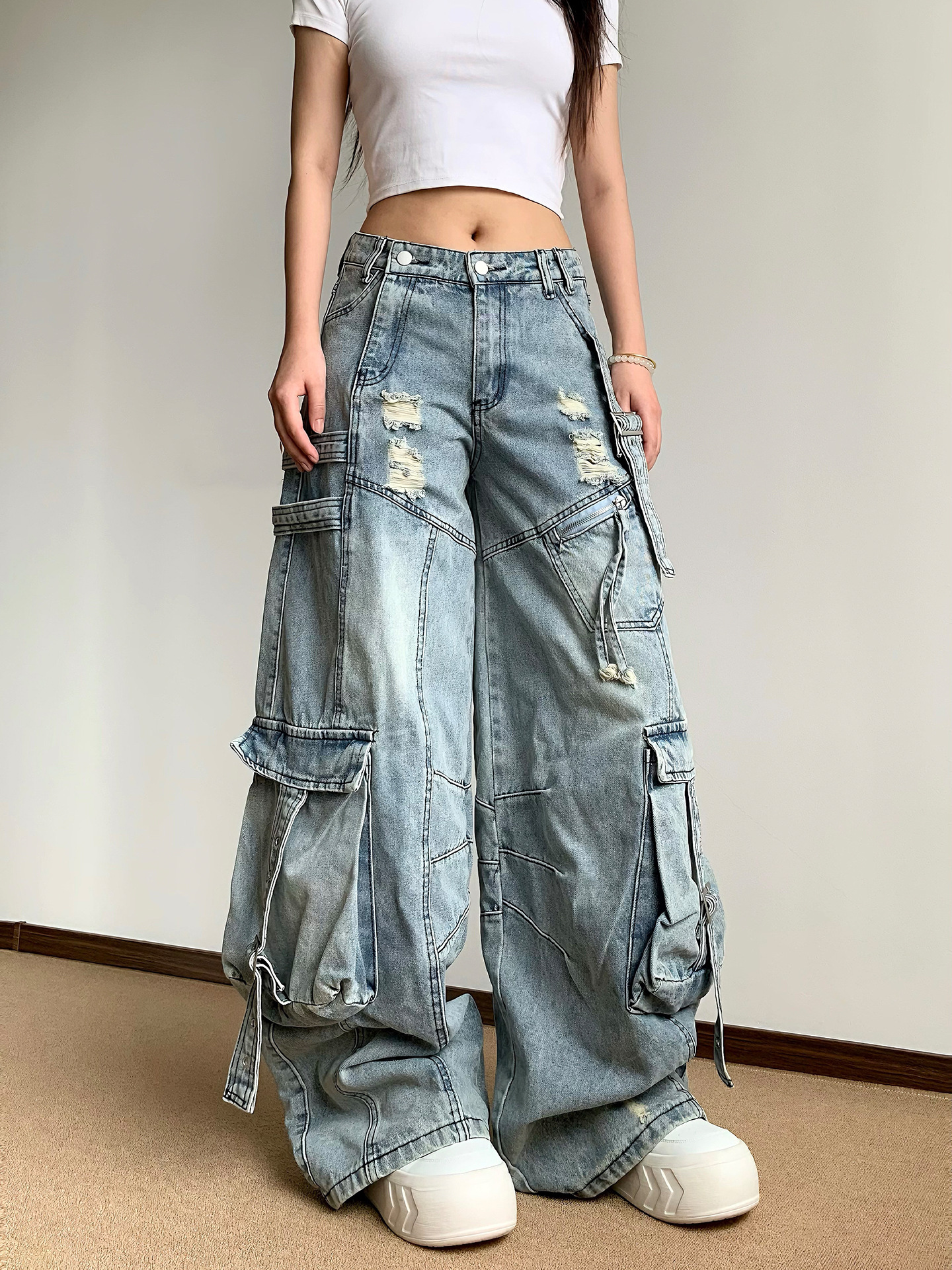 2025 Summer drape design sense loose wide-leg pants American retro deconstruction ripped scimitar jeans for women