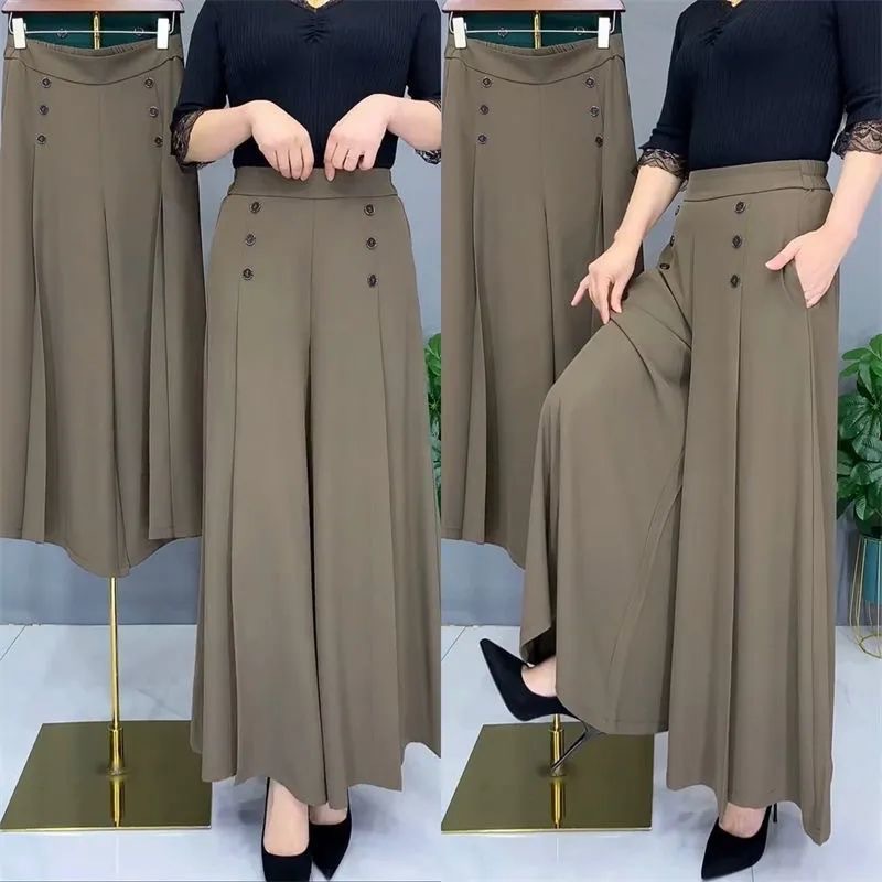 2023 Summer Thin Culottes Women's Loose Middle-aged and Elderly Moms Pants Wrinkle-resistant Cropped Wide-leg Pants