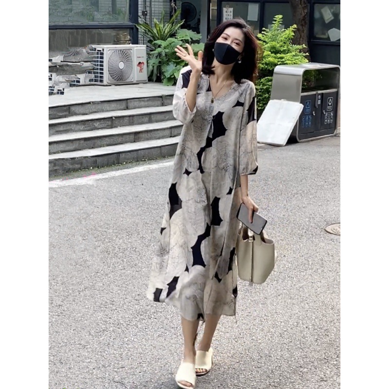 2023 Spring and Summer New Style Elegant Ink Painting V Neck Goddess Style Loose Slimming Look Fashionable A-line Long Dress
