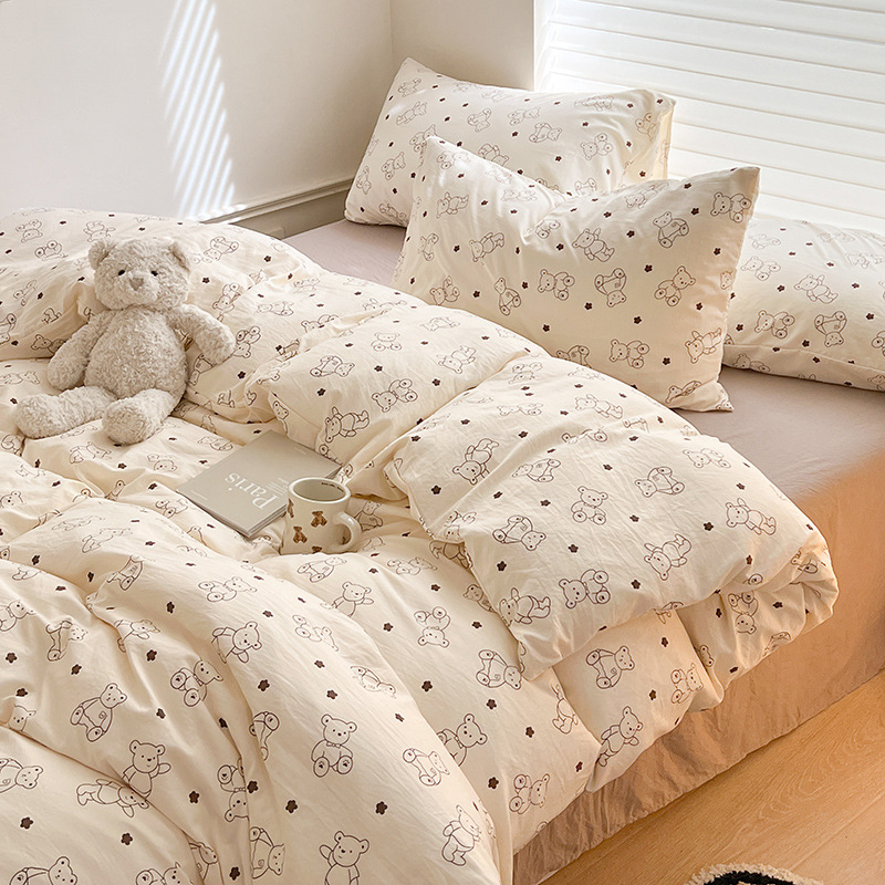 Class A Nude Sleeping Wash Cotton Four-piece Set ins Fresh Pure Cotton Bed Sheet Quilt Cover Bedclothes Bedclothes Three-piece Set