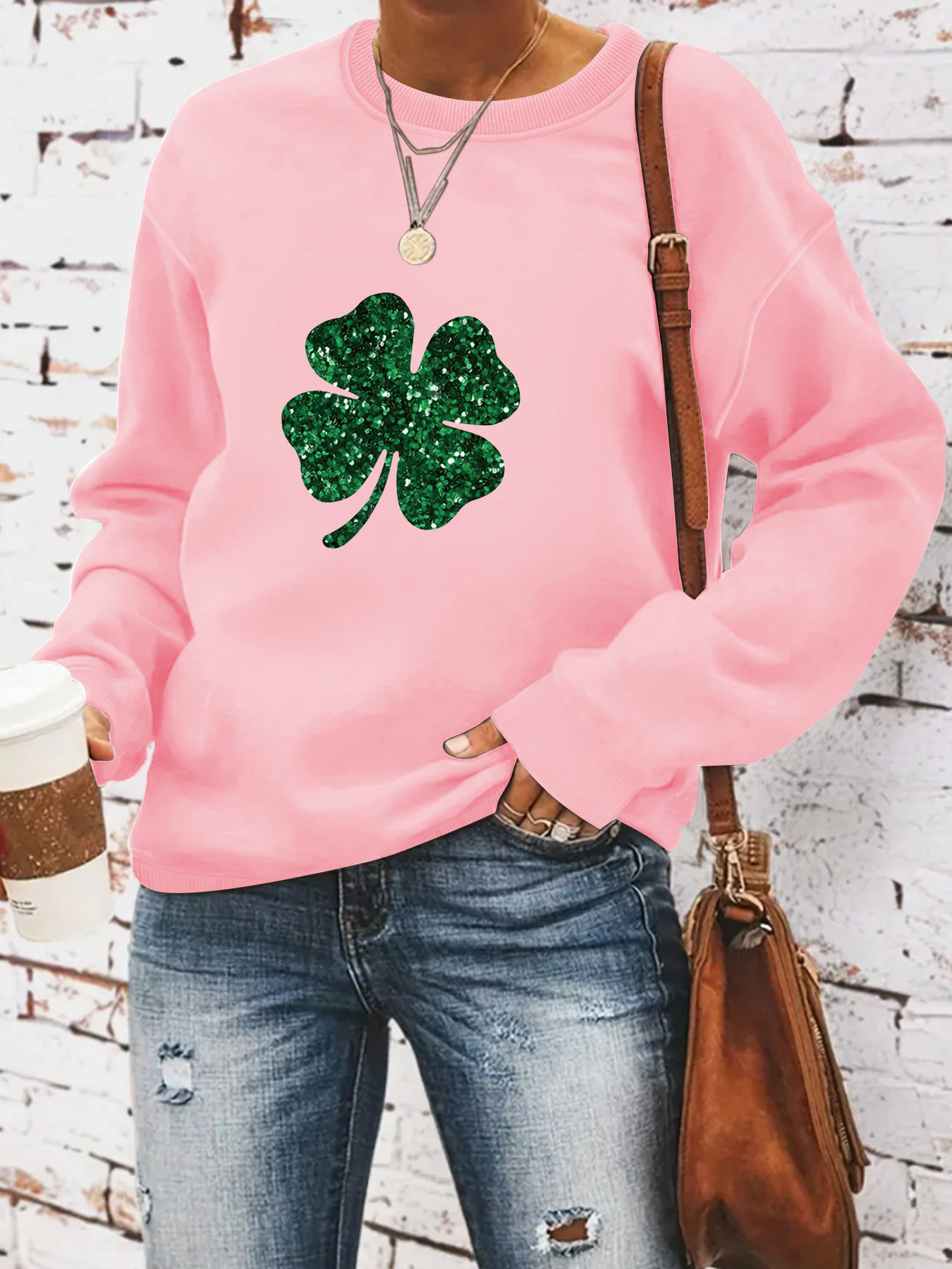 Picture of European and American Cross-border Autumn and Winter Women's Casual Long-sleeved Crewneck St. Patrick's Day Four-leaf Clover Pullover Sweatshirt Sweatshirt