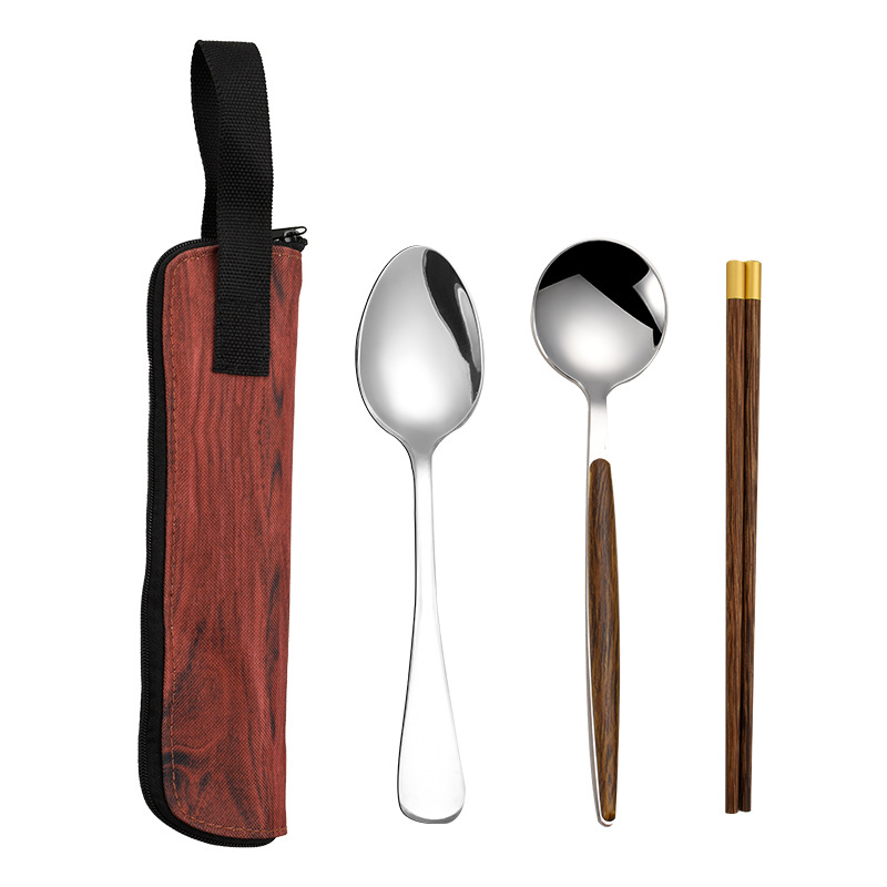 Picture of Mingrui stainless steel portable tableware suit high color value high quality chicken wing wooden chopsticks wooden handle soup eating spoon