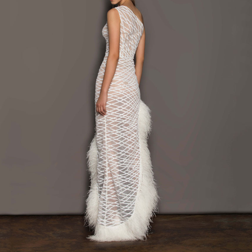 Picture of 2025 Cross-Border Spring and Summer New European and American Clothing Pure Color Sleeveless Asymmetrical Slope Collar Elegant Mesh Evening Dress Long Skirt