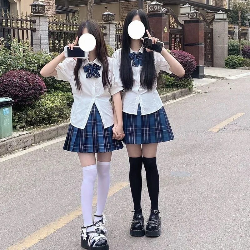 Japanese JK Uniform suit Spring and Autumn College Style Hot Girl Tight Waist Shirt Rear Strap Top Summer New Two-Piece Set