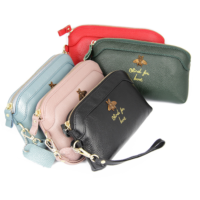 Women's Top Layer Cowhide Wallet Long European and American Little Bee Retro Clutch Bag Women's Simple Large Capacity Long Wallet