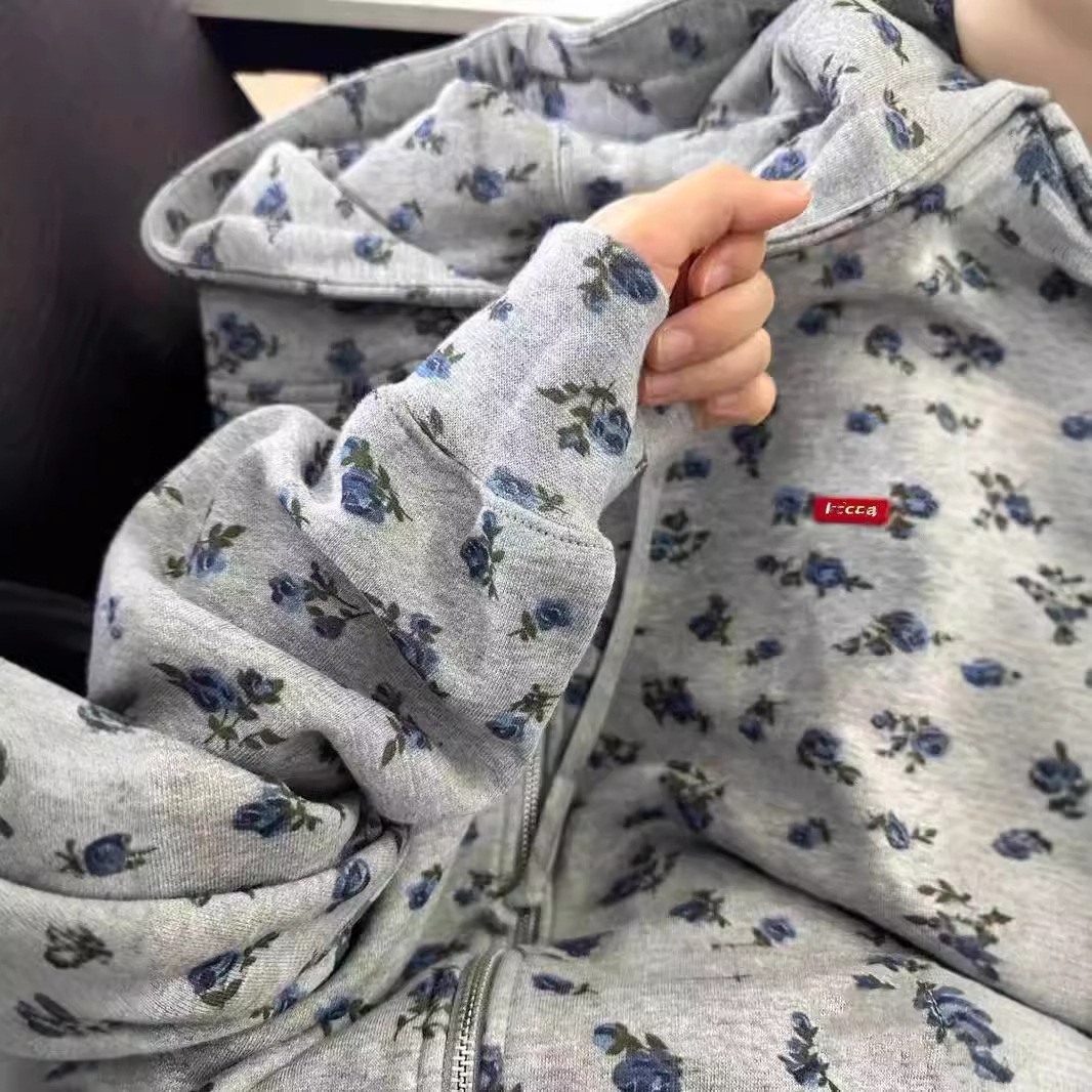 Picture of American-style Floral Print Hooded Sweater Women's Spring Autumn and Winter Thickened Loose Lazy Style oversize Cardigan Coat Trendy