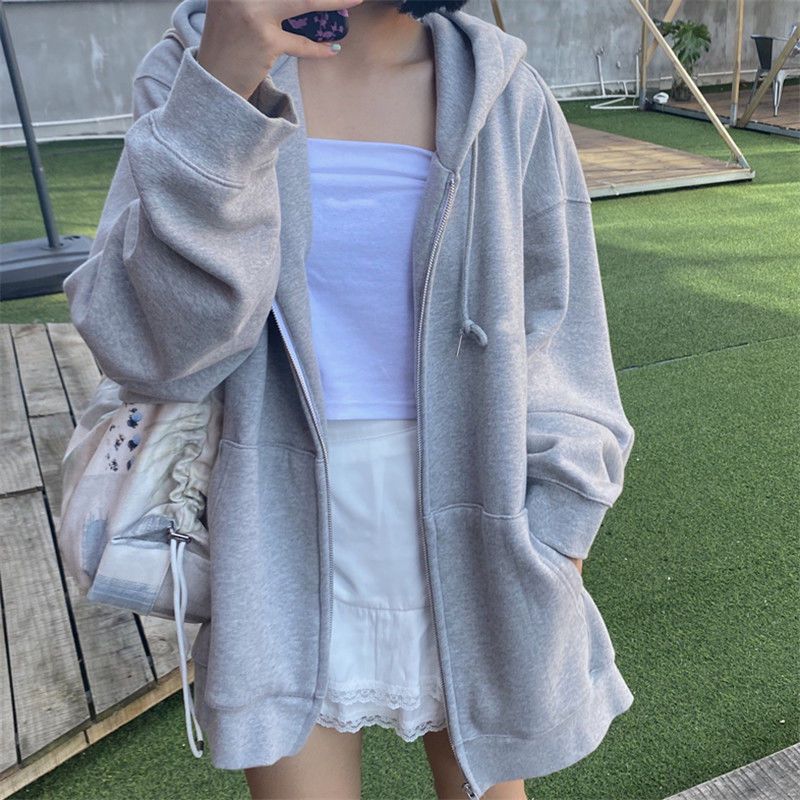 Grey Thin Zipper Sweatshirt Women's Spring and Autumn Korean Casual Jacket Large Size Loose Sports Hooded Solid Color Top