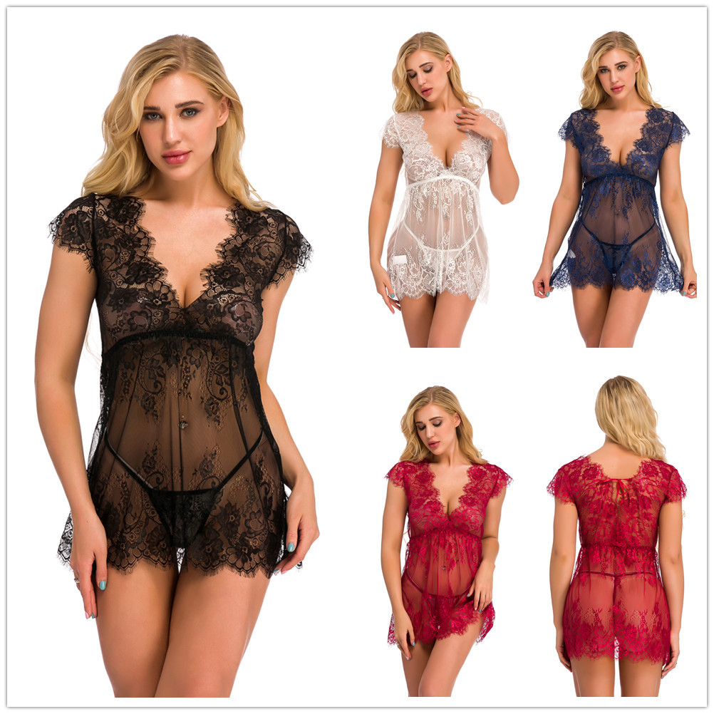 European and American women's sexy lingerie lace eyelash stitching perspective sexy leg-shaping scheming short skirt Amazon delivery