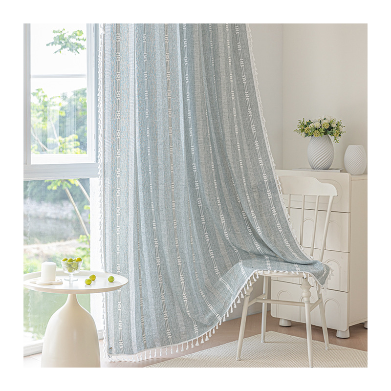 Picture of Cross-border exclusive for Nordic cotton and linen curtains multi-color solid color cotton and linen yarn semi-transparent bedroom living room floor curtains with yarn