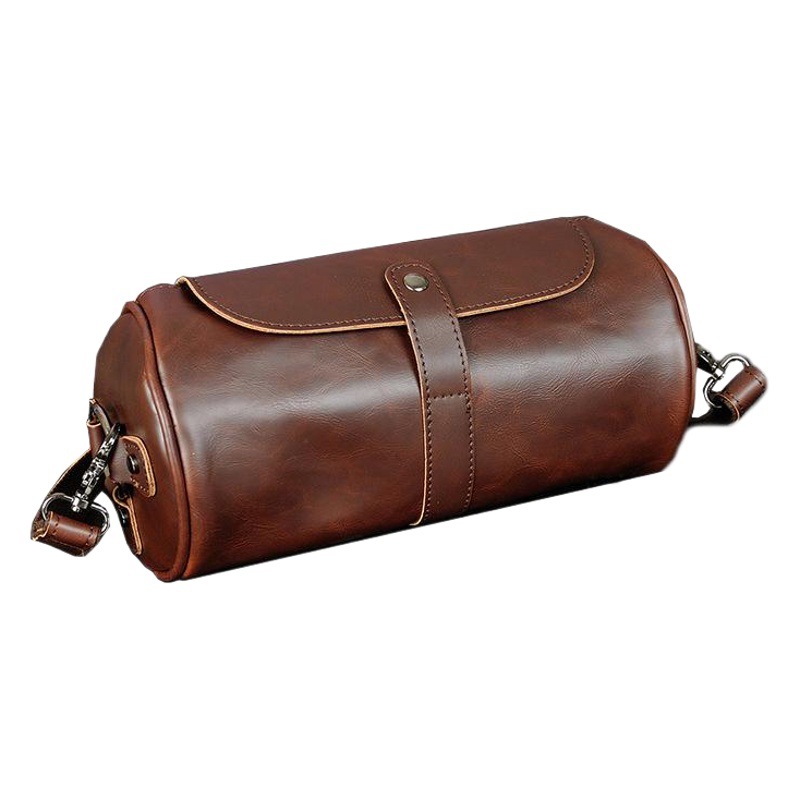 Picture of New Korean Style Fashion Small Leather Bag Retro Crazy Horse Leather Men's Shoulder Crossbody Bag Trendy Cylindrical Bag Ready for Sale