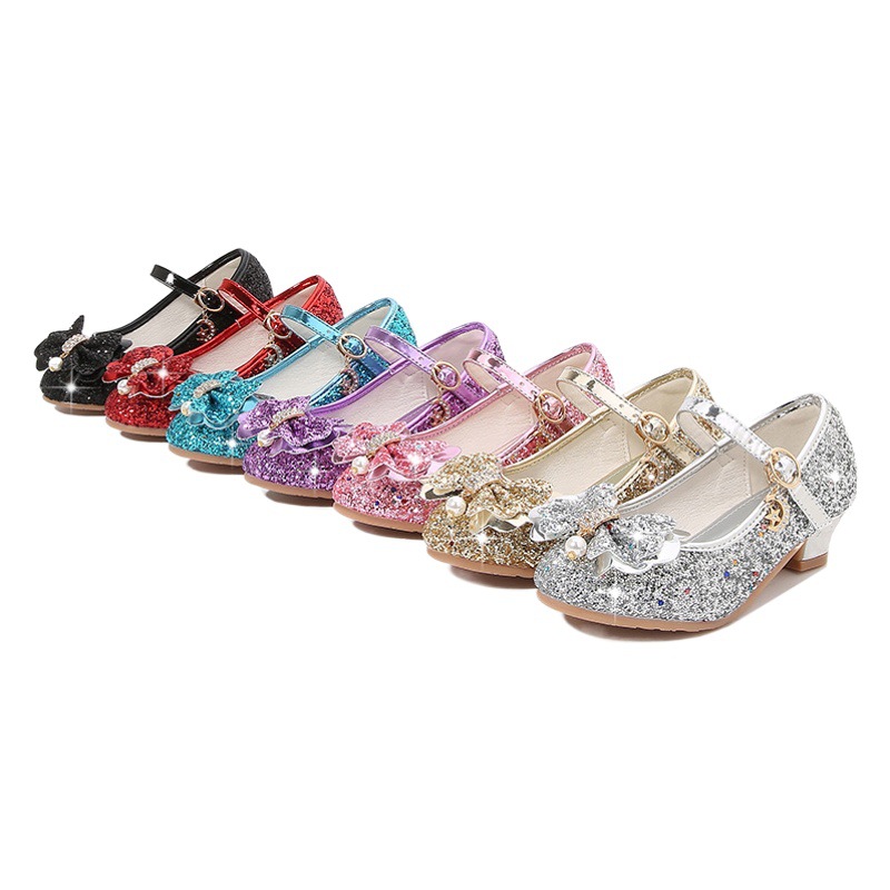 Girls Leather Shoes High Heels 2025 Spring Rhinestone Bow Little Princess Model Crystal Flats Sequined Children's Shoes for Women