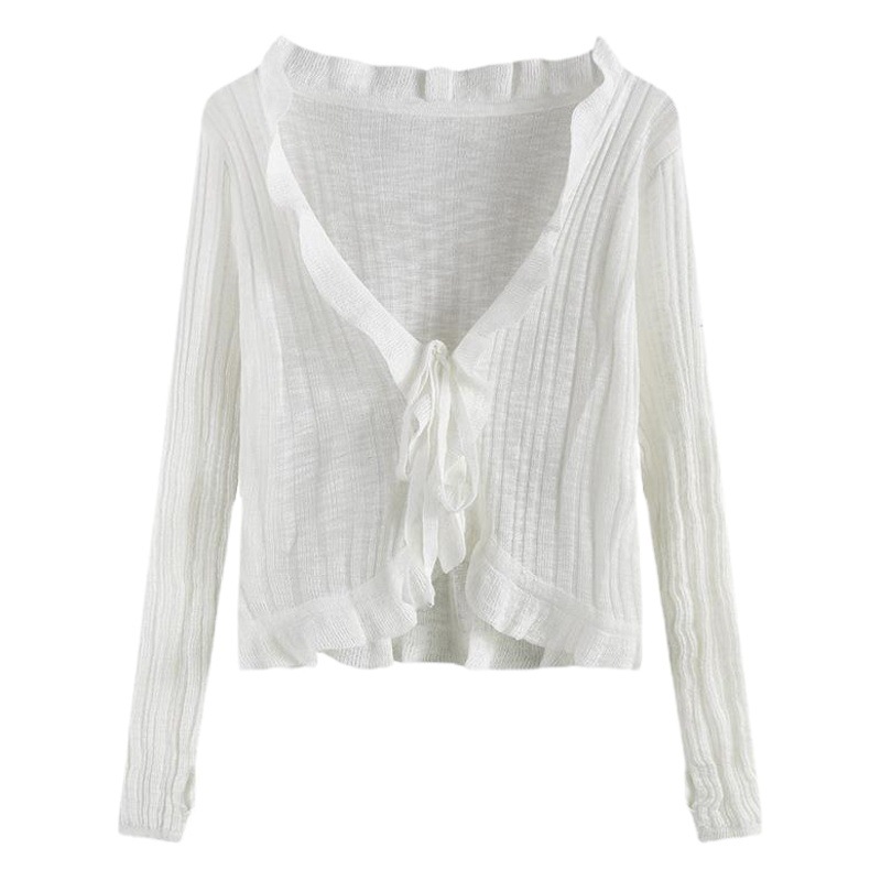 Summer Slim-fit Korean-style sweet fungus lace lace-up design knitted long-sleeved cardigan women's sunscreen shawl top