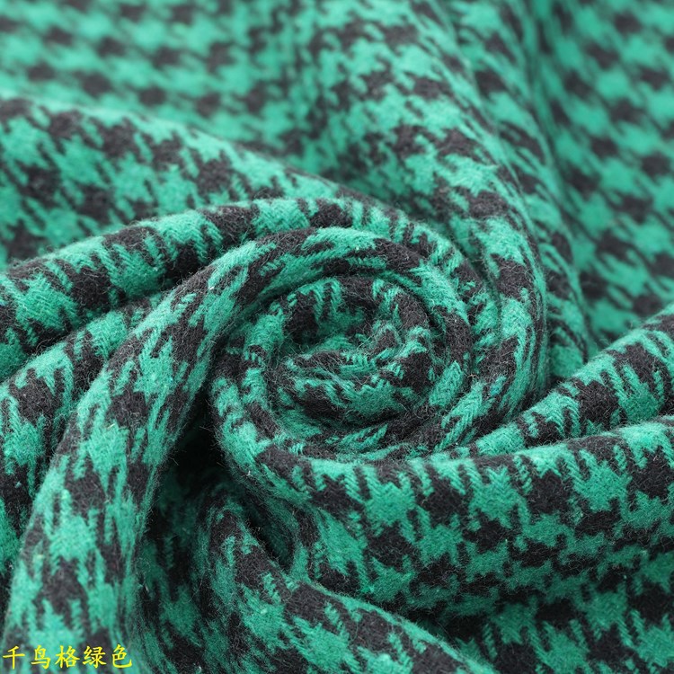 Classic Green Houndstooth Wool Slub TR Fabric Artistic Mori Scarf Warm Autumn and Winter Scrub