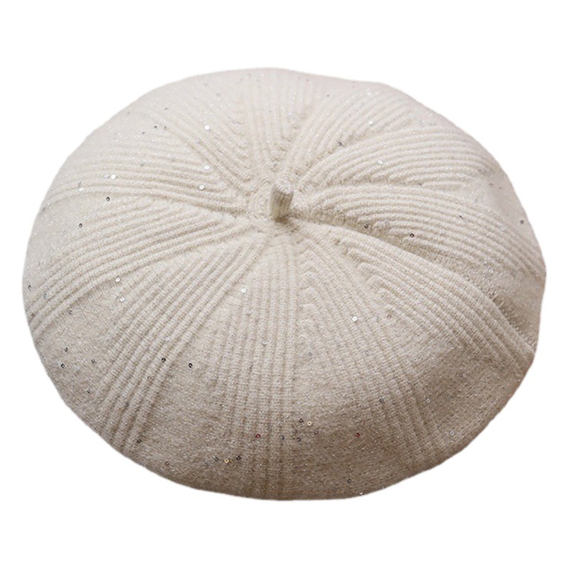 Cross-Border Sequin Beret Women's Autumn and Winter Woolen Hat with Fleece Lining Winter Knitted Hat Wholesale Solid Color Women's Hat