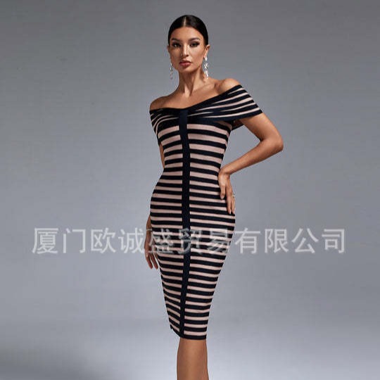 Cross-border Trade in stock Women's dress Stripe Color Crossing Collar Hip Bandage Dress