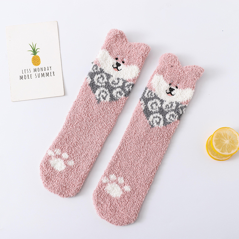 Picture of Winter Coral Fleece Sleep Socks Women Cute Puppy Cartoon Socks Thickened Warm Floor Socks Adult Towel Socks