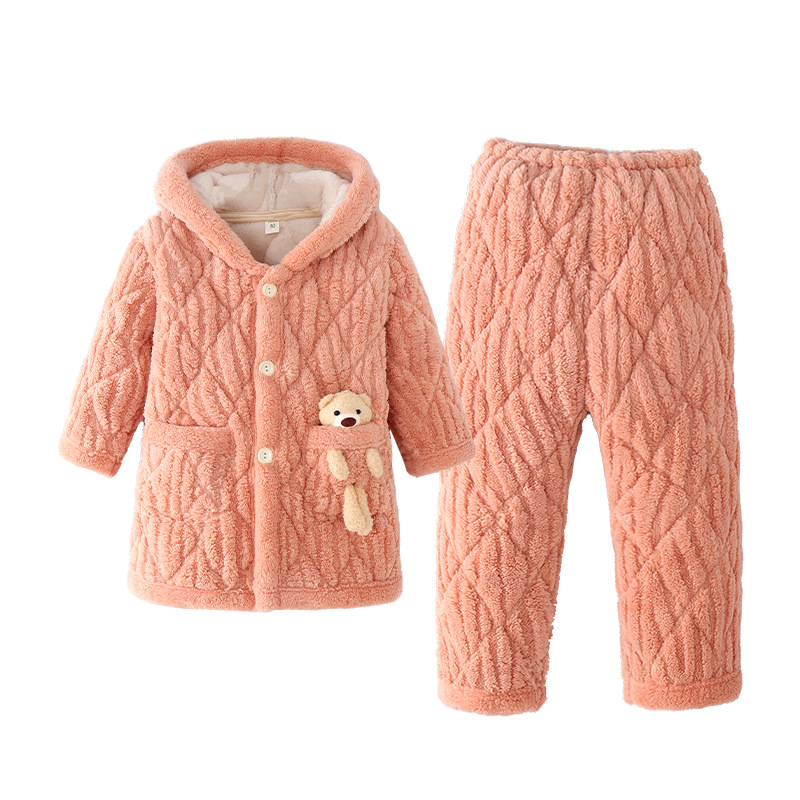 Picture of Children's Three-Layer Quilted Pajamas Winter Flannel fleece-lined Thickened Boys' Girls' Baby Warm Home Clothes suit