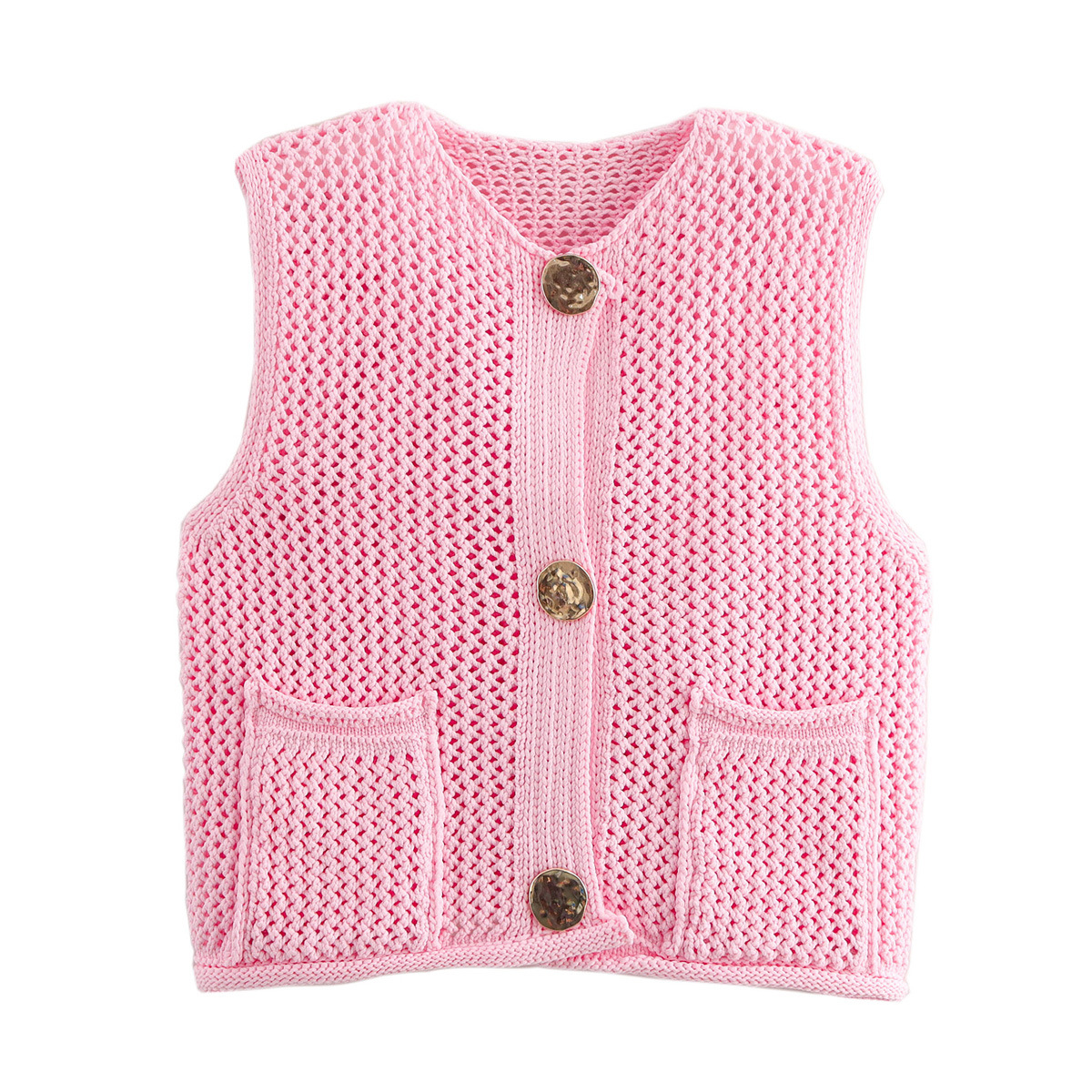 Picture of Women's Solid Color Fashion Hook Needle Hollow Single Breasted Vest 2024 Autumn and Winter New European and American Cross-border Wool Vest