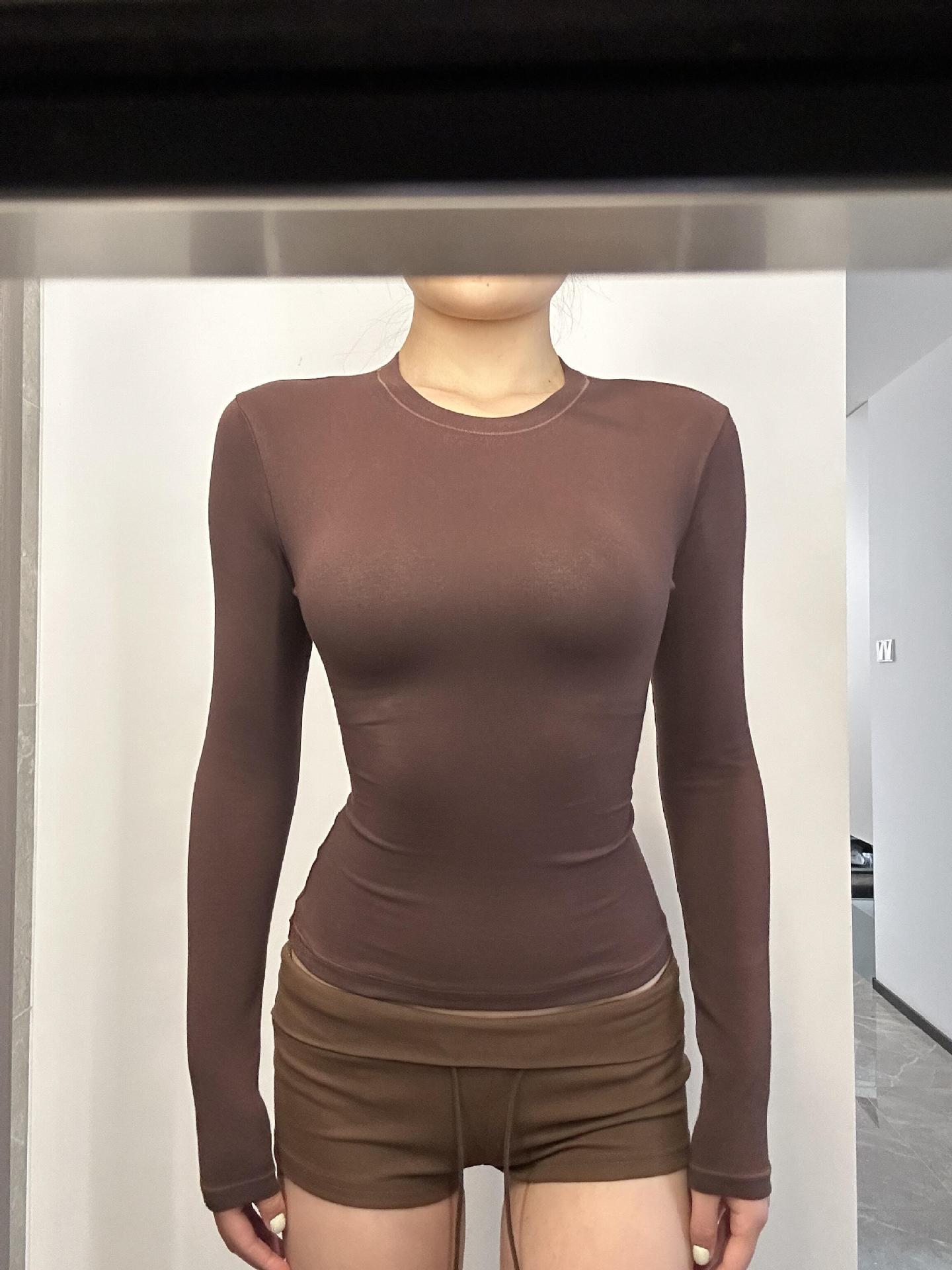 European and American skims hot girl skin-friendly texture shoulder long sleeve T-shirt sports leisure slim waist slimming base top