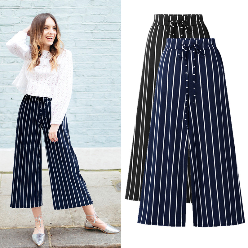 Striped Wide-leg Pants Women's Summer 100.00kg New Loose Pants chubby girl plus size High Waist Black Women's Pants Thin Cropped Pants