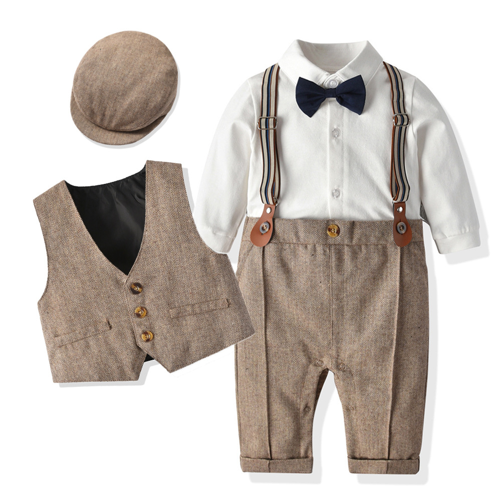 New Spring & Fall Children's Clothing, Infant and Toddler British Vest, One-Piece Climbing Gentleman Hat, One-Year-Old Clothing, Newborn Gentleman Suit