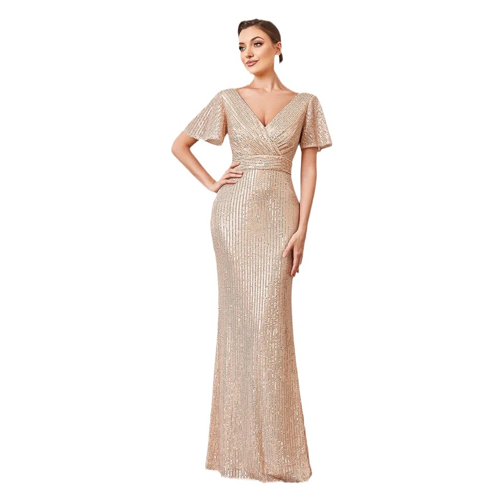Cross-border European and American Sexy V-neck Sequin Floor Evening Dress Elegant Split Banquet Party Party Party Party Dress
