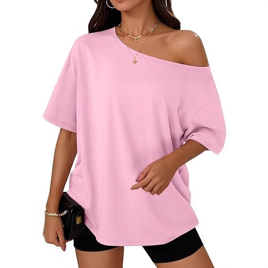 in stock 2025 European and American Cross-border New Women's T-shirt Casual Fashion Oblique Collar Top Women's Knitted Short-sleeved Top
