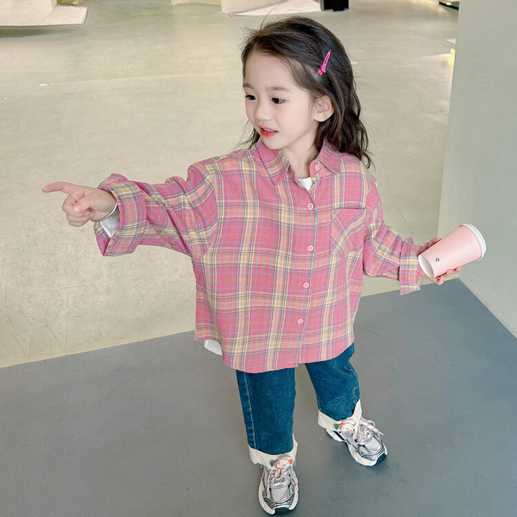 Picture of Autumn new children's pink plaid long sleeve shirt girls casual cartoon rabbit shirt top